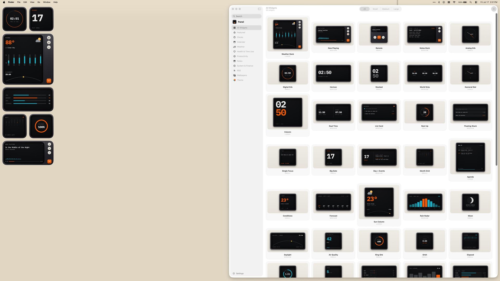 56 widgets on the desktop, and the gallery that places them.